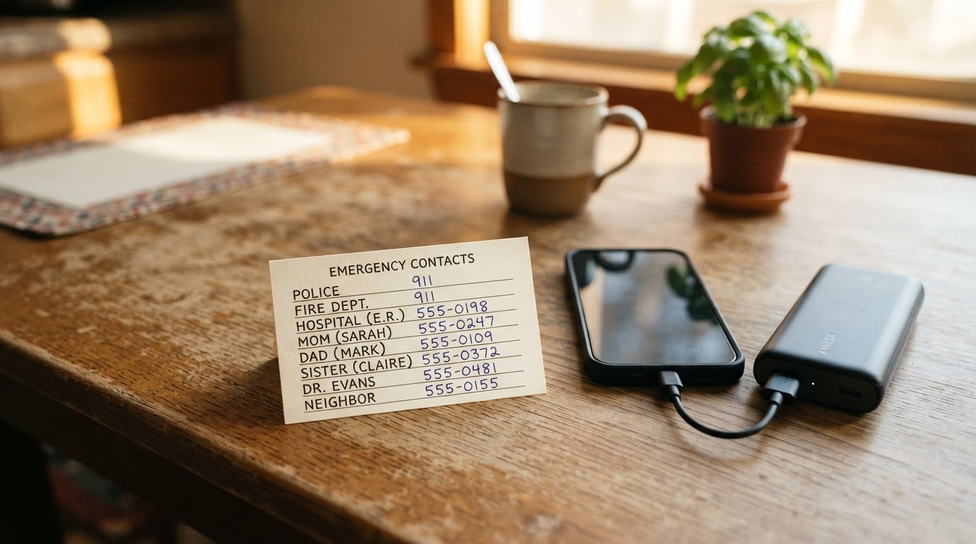 A family reviewing a printed emergency contact card at the kitchen table