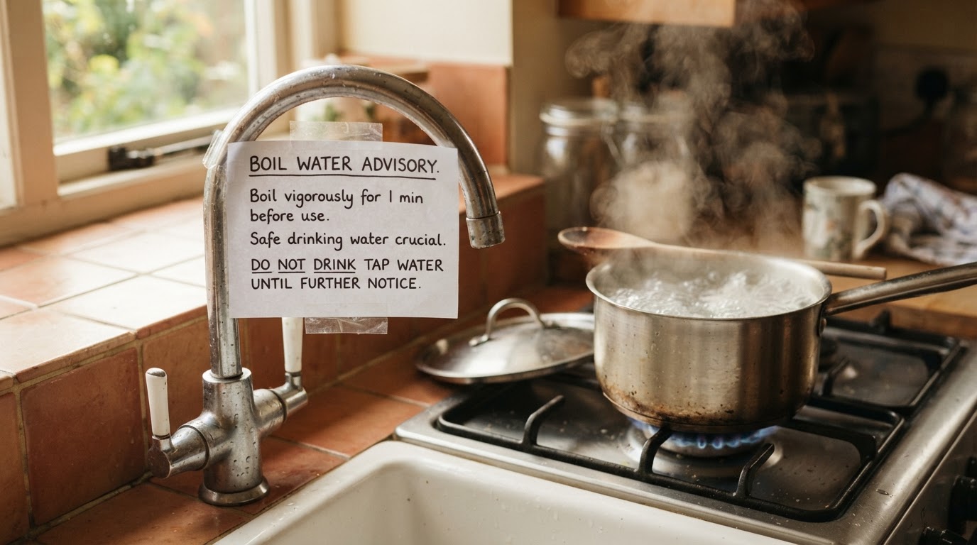 A boil-water advisory notice and bottled water on a counter