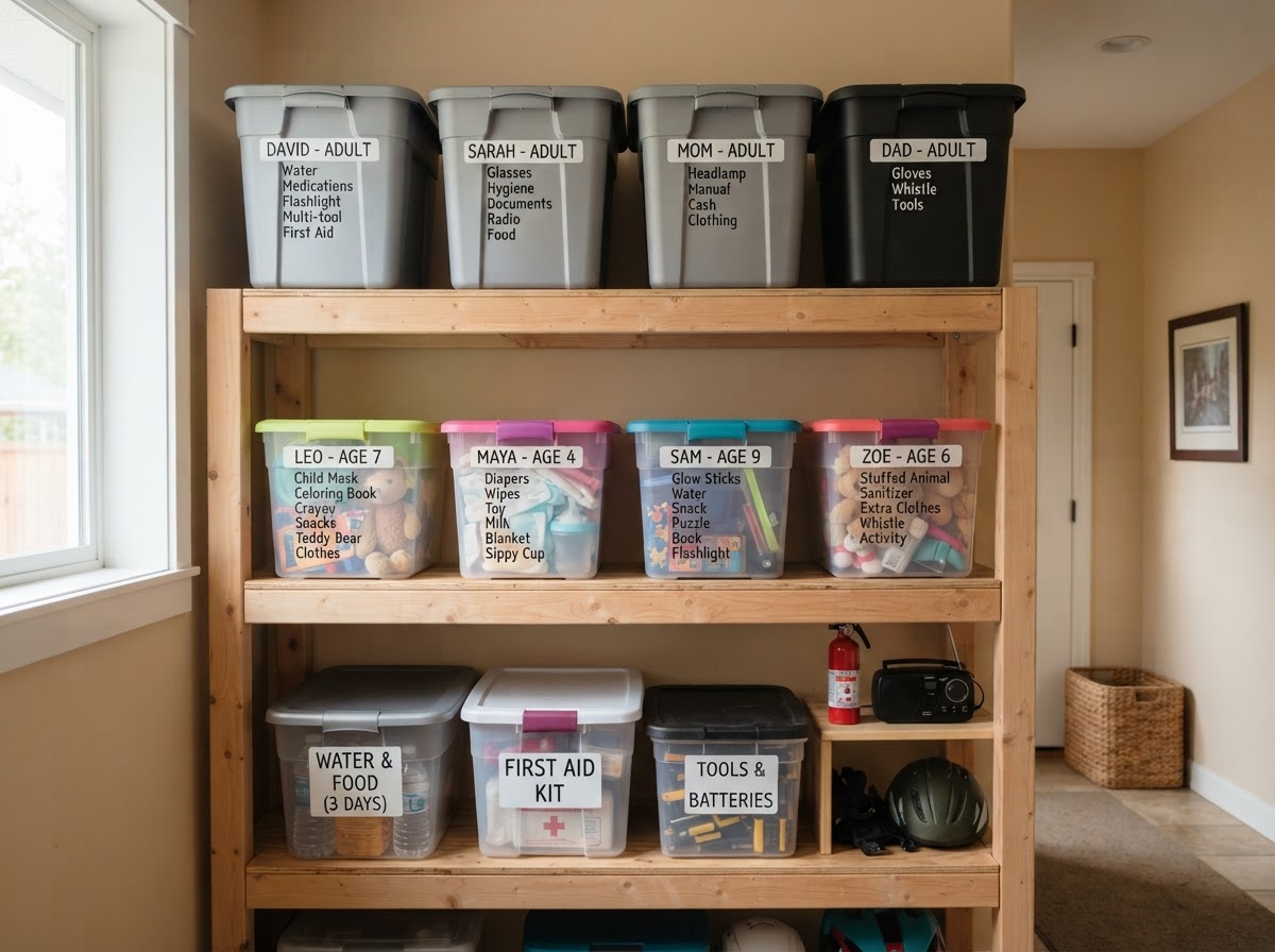 Age-appropriate household supply bins labeled for different family members.