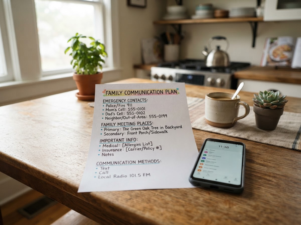 A printed family communication plan on a kitchen table.