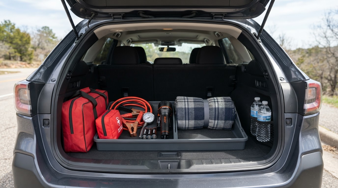 An organized emergency bag secured in a parked vehicle's cargo area.
