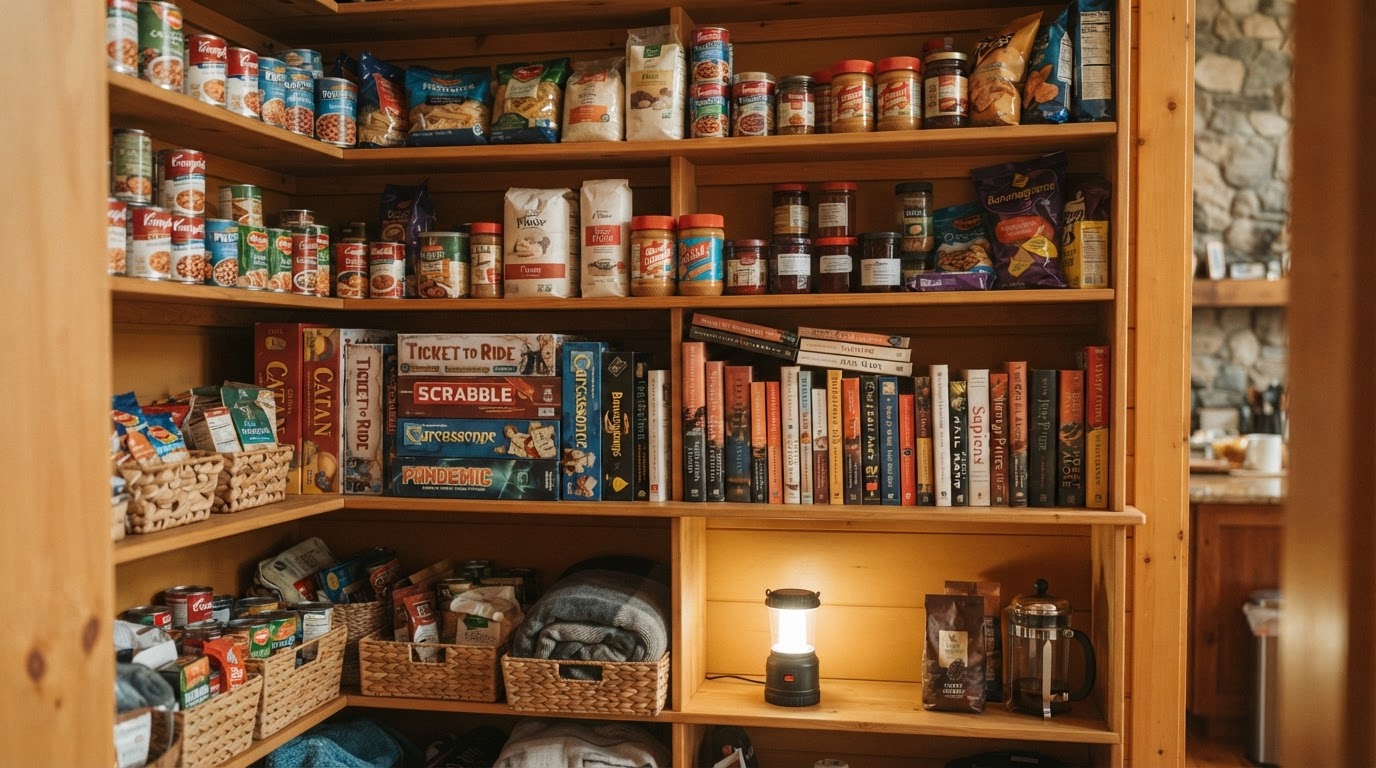 A pantry stocked for staying home during a disruption