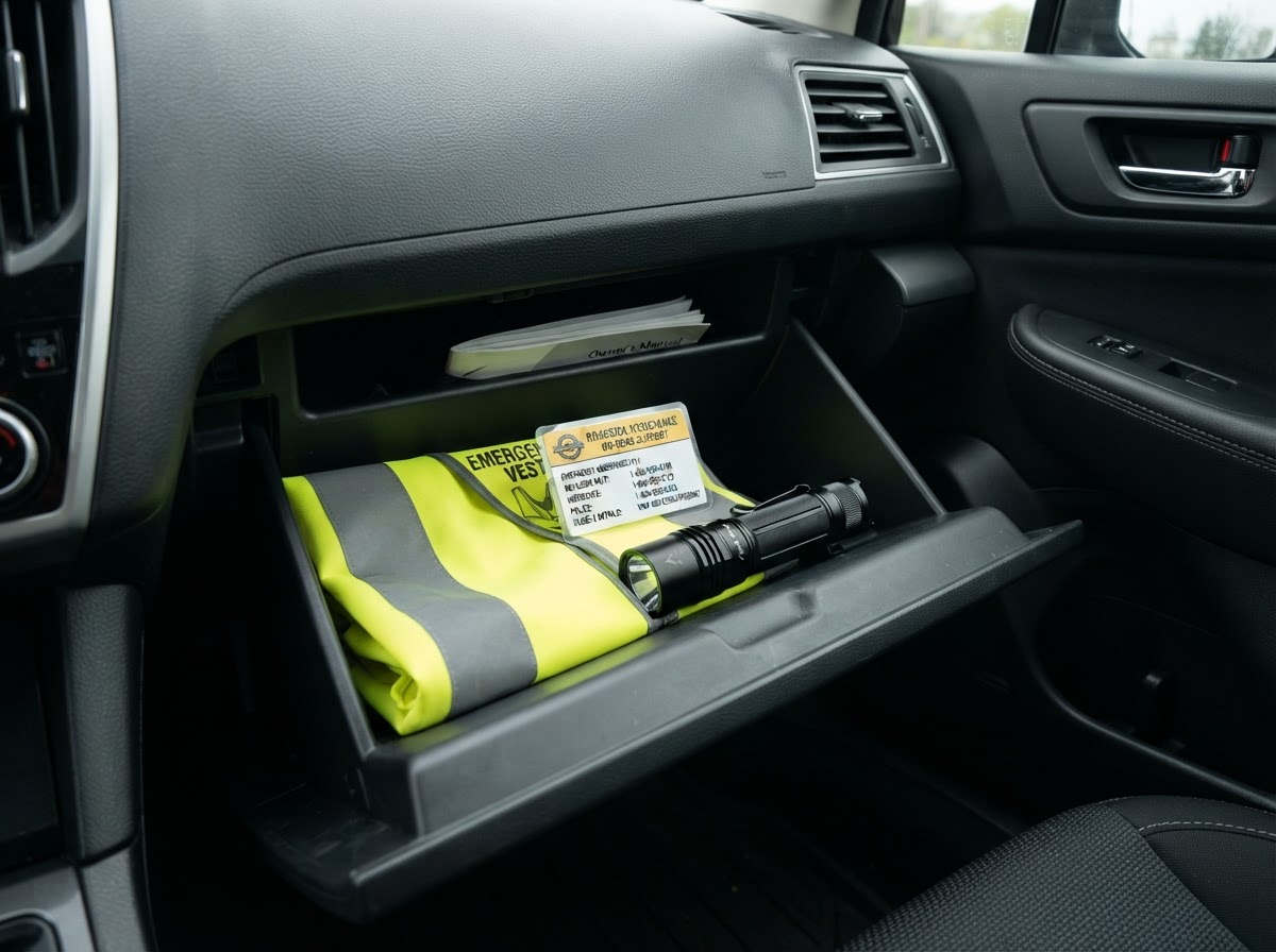 A compact roadside contact card with emergency numbers.