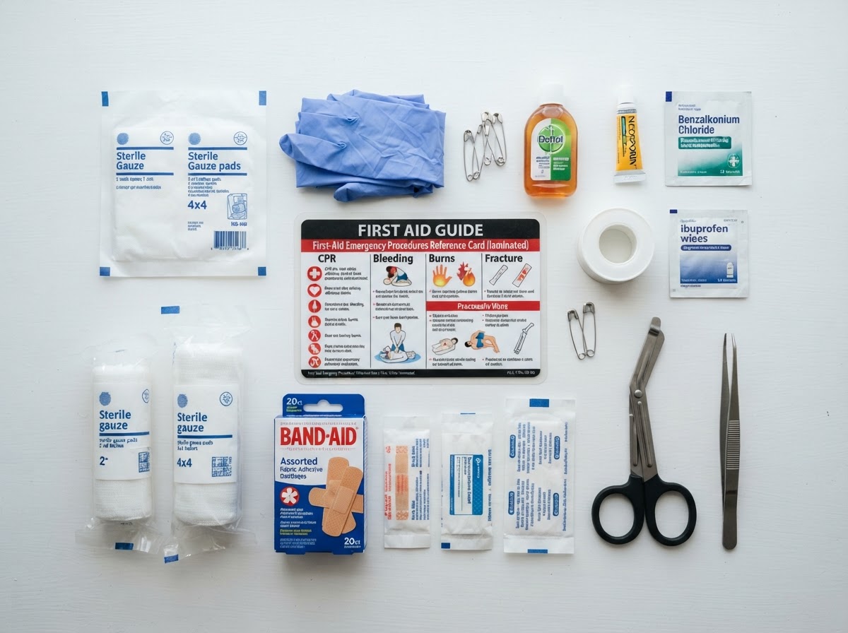 A first-aid kit with contents laid out neatly on a clean surface