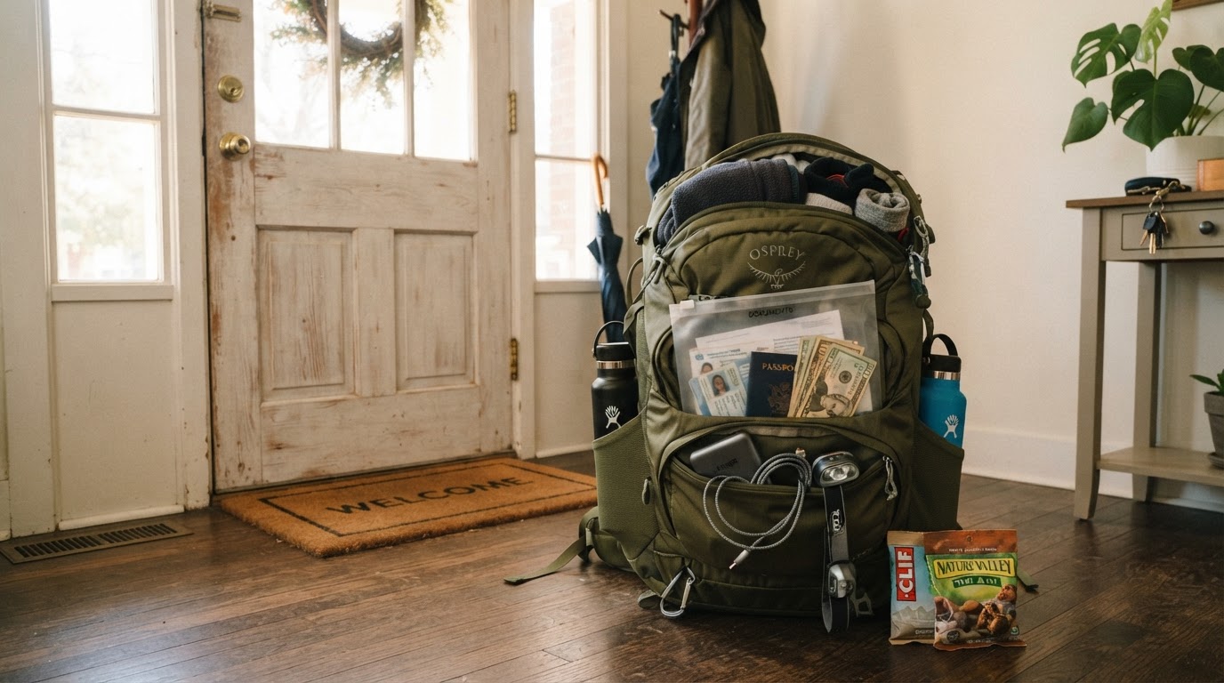 Practical evacuation bags packed and ready near an entryway.