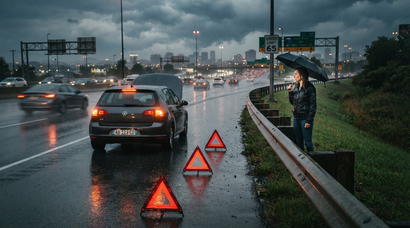 A car on the shoulder with hazard lights and a reflective triangle
