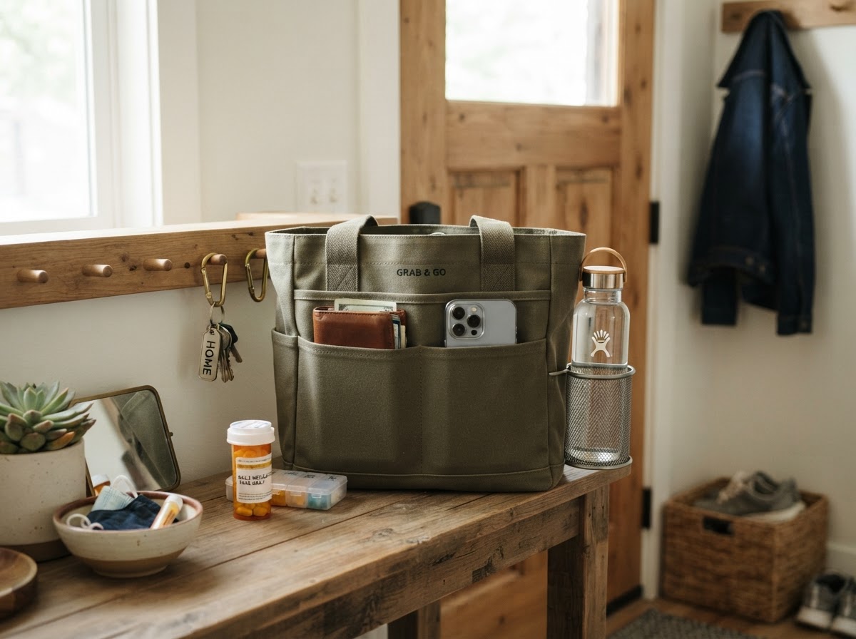 Clearly separated last-minute essentials: medications, phone, wallet, keys.