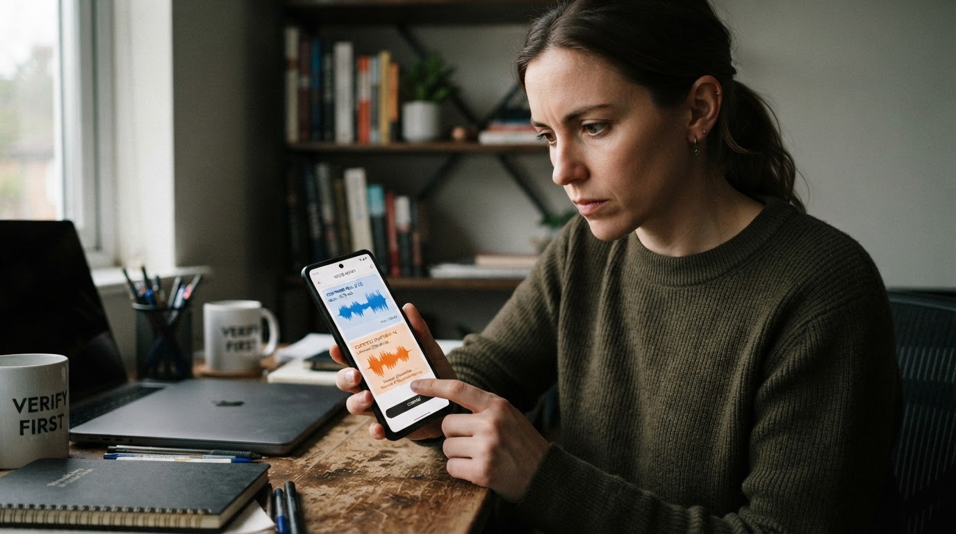 A person verifying a suspicious message on a phone