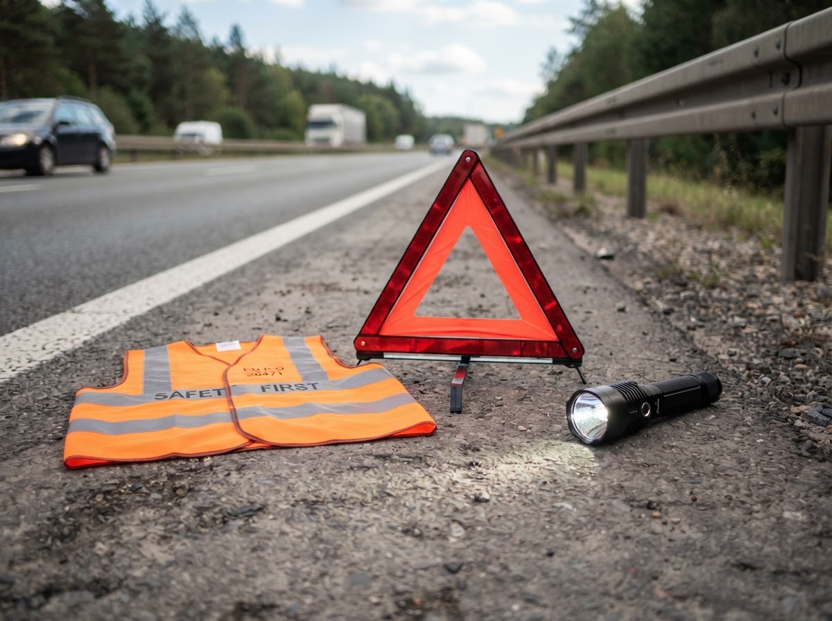 High-visibility vest, reflective triangles, and a flashlight laid out together.