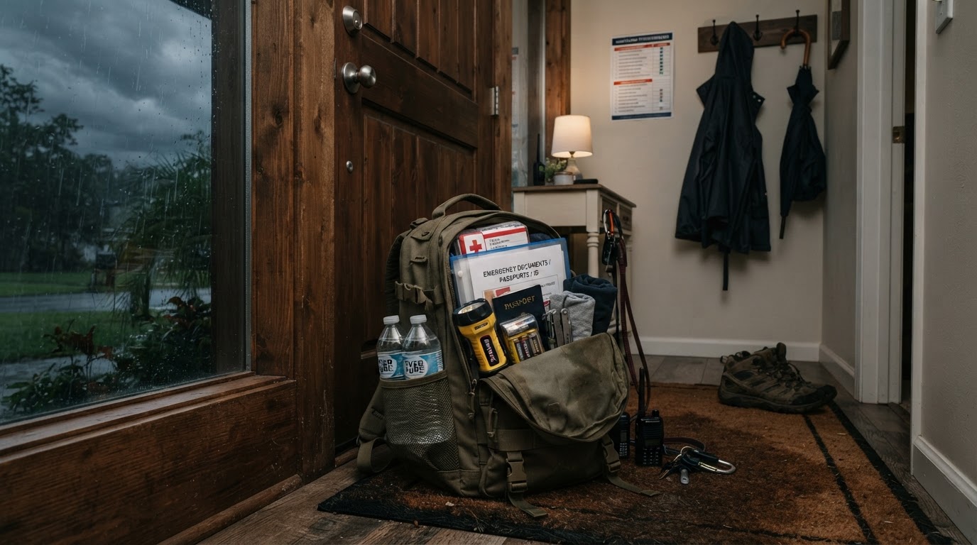 A packed go-bag with water, food, first aid, and documents