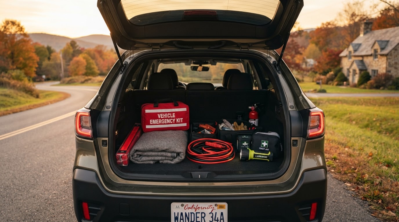 A car trunk open with emergency supplies
