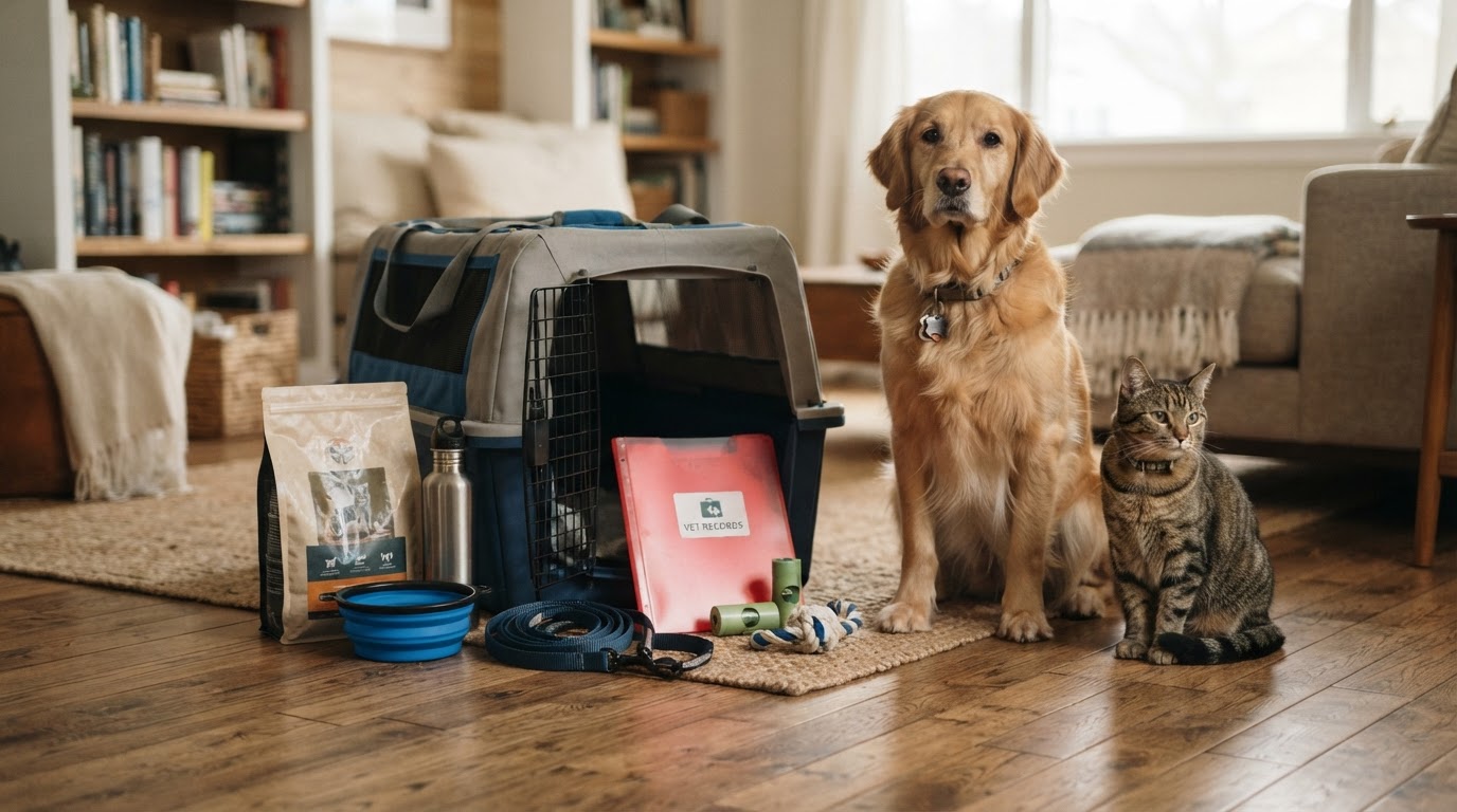 Dog and cat supplies organized beside suitable carriers.
