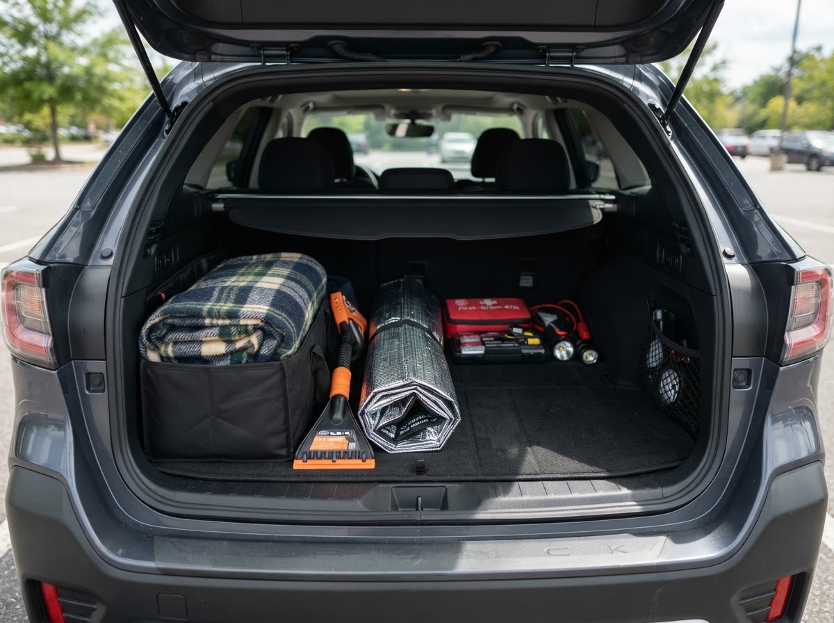 Climate-specific supplies: a warm blanket, water, and seasonal clothing.