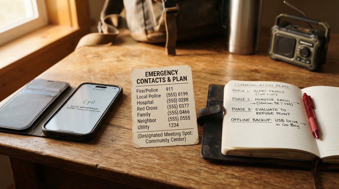 A printed contact card with emergency numbers