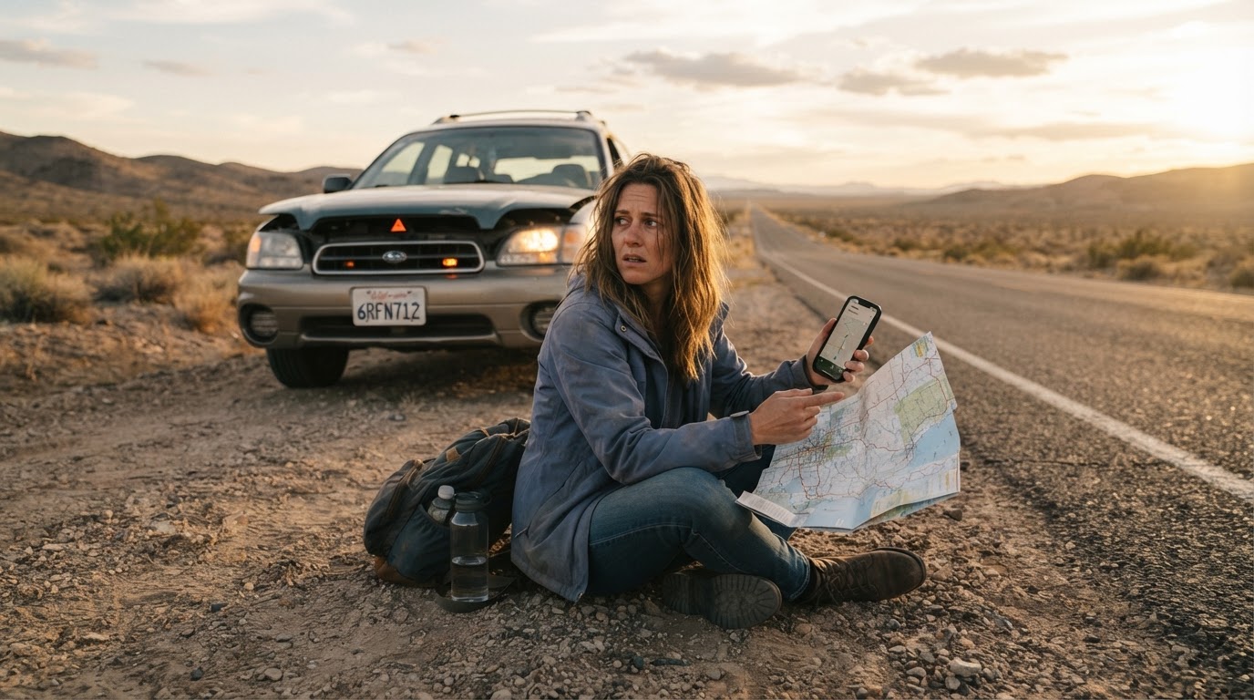 A person with a reflective vest leaving a stranded vehicle safely