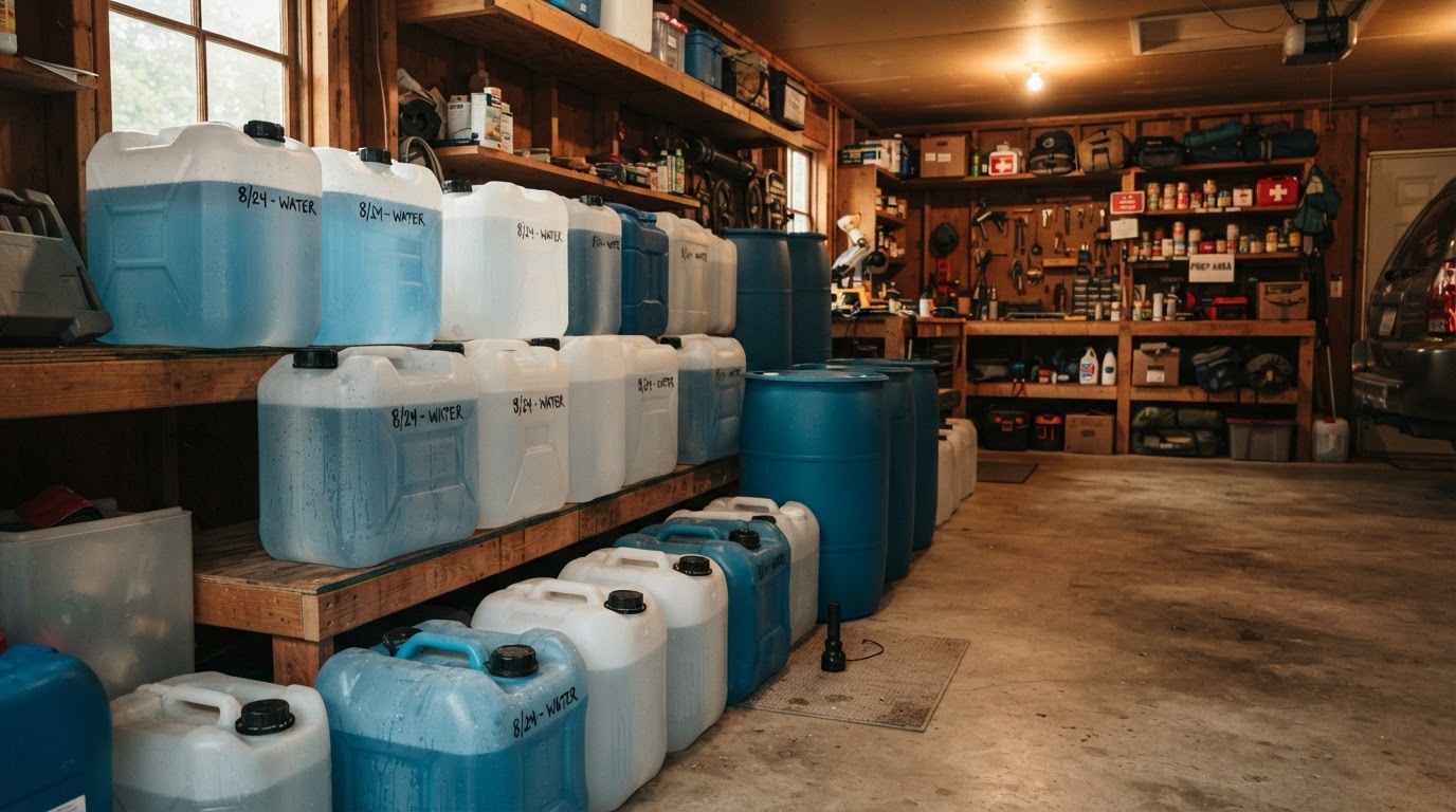 Water containers filled, dated, and stored for rotation