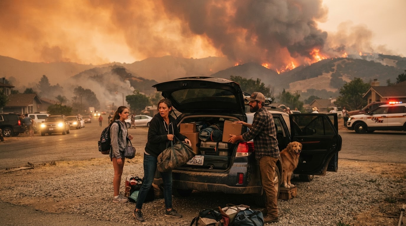A family evacuating with their go-bags