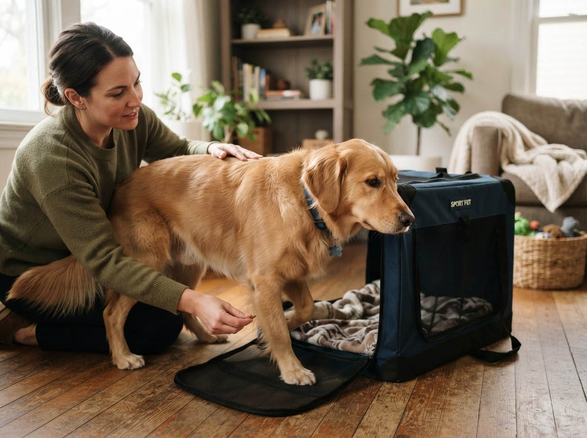 A calm cat being gently acclimated to a carrier on the floor.