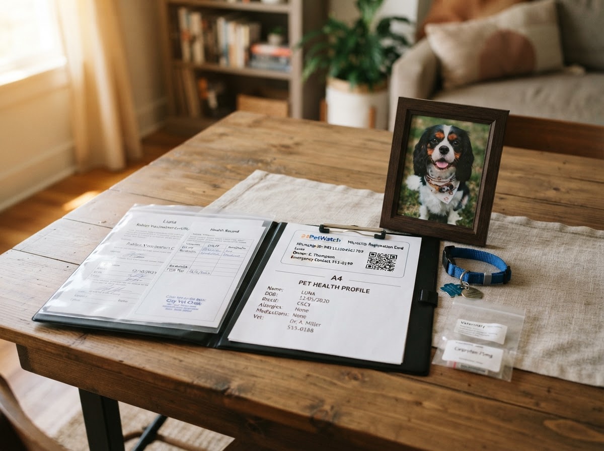 Pet vaccination records, a photo of owner with pet, and a microchip card.
