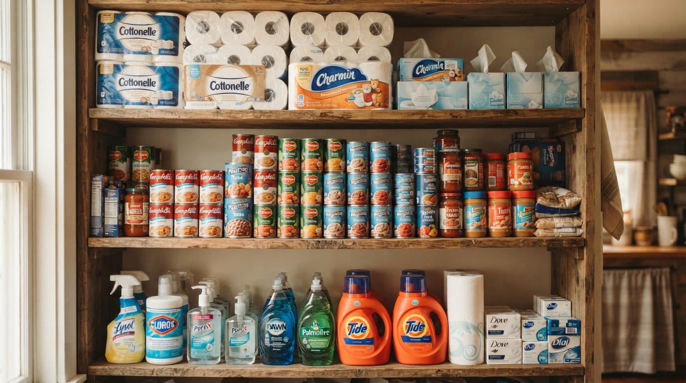 A home stocked with health supplies and shelf-stable food