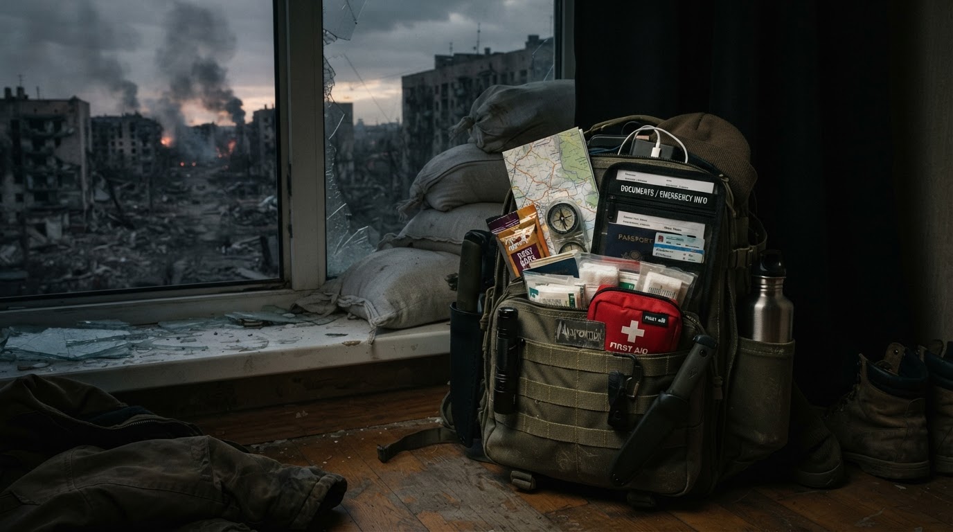 A packed go-bag with documents, water, and supplies