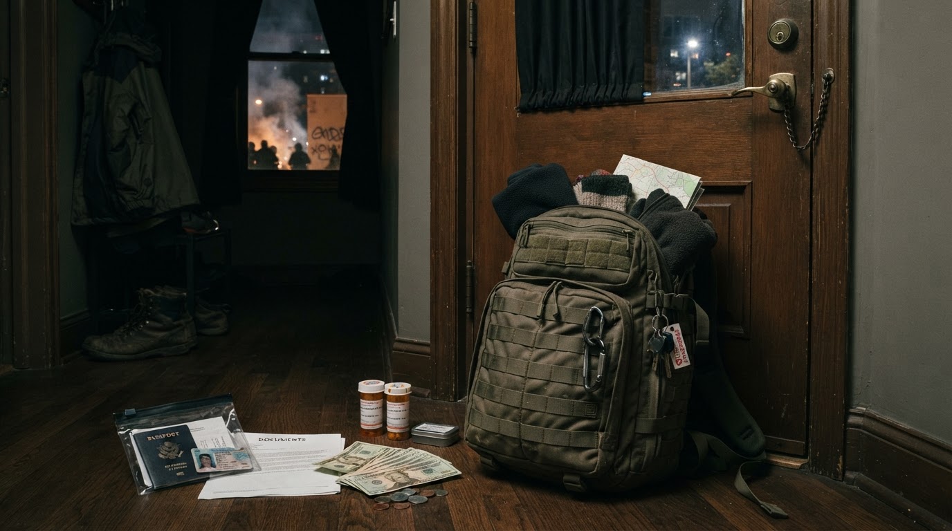 A go-bag ready to leave home if it becomes unsafe
