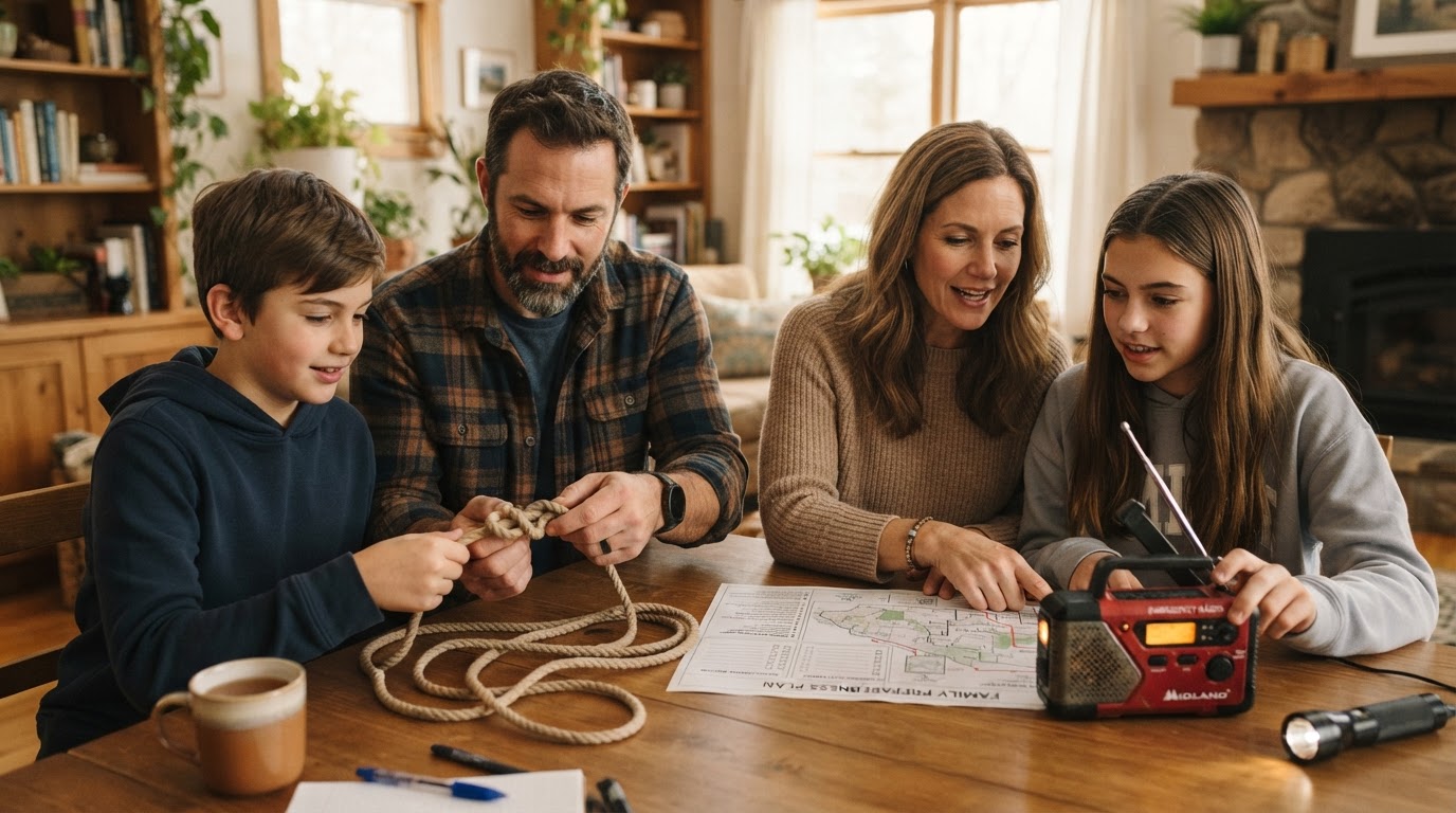 A household reviewing and practicing their emergency plan