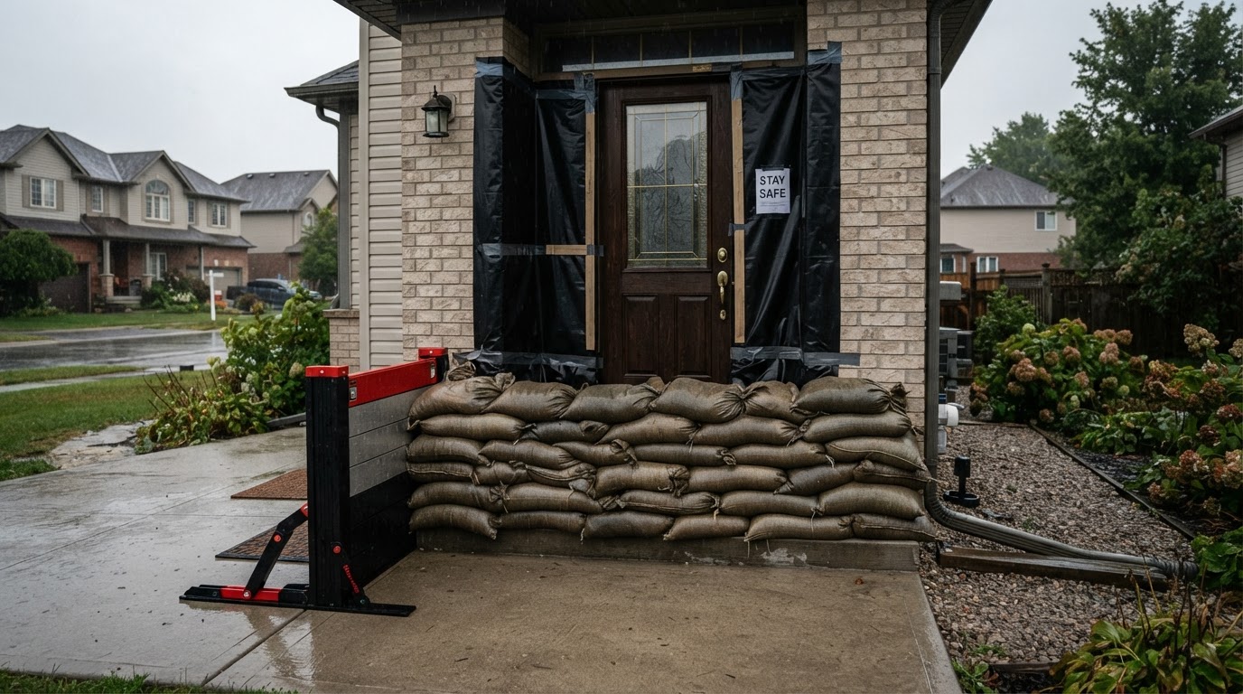 Sandbags and emergency supplies ready by a doorway
