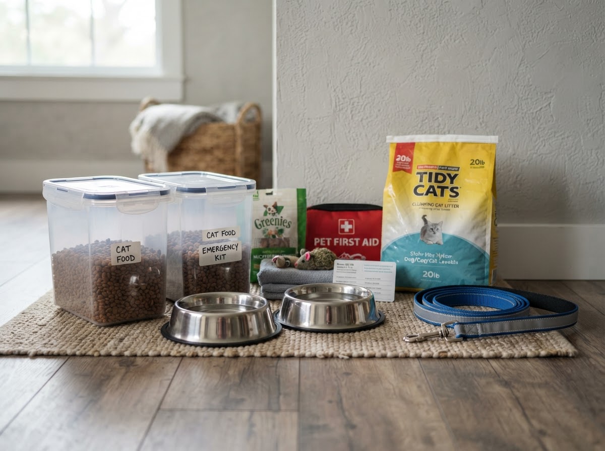 Pet food, bowls, litter supplies, and a leash laid out together.