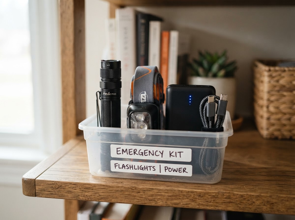 Flashlight, headlamp, and a charged power bank kept together in a small bin.