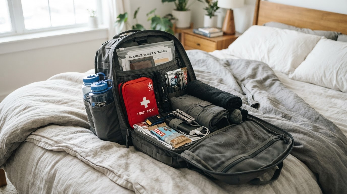 A packed go-bag with documents, water, and first aid