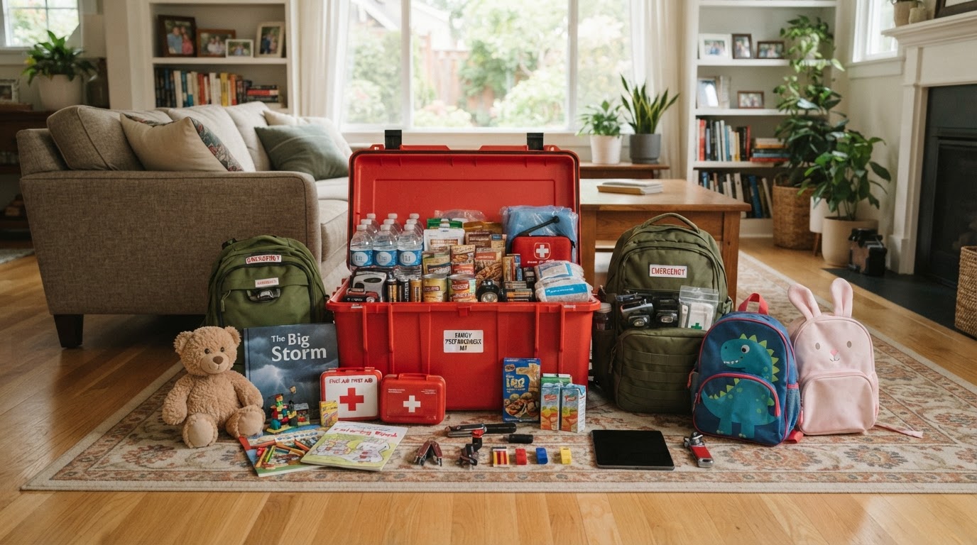A family organizing practical emergency supplies together at a kitchen table.