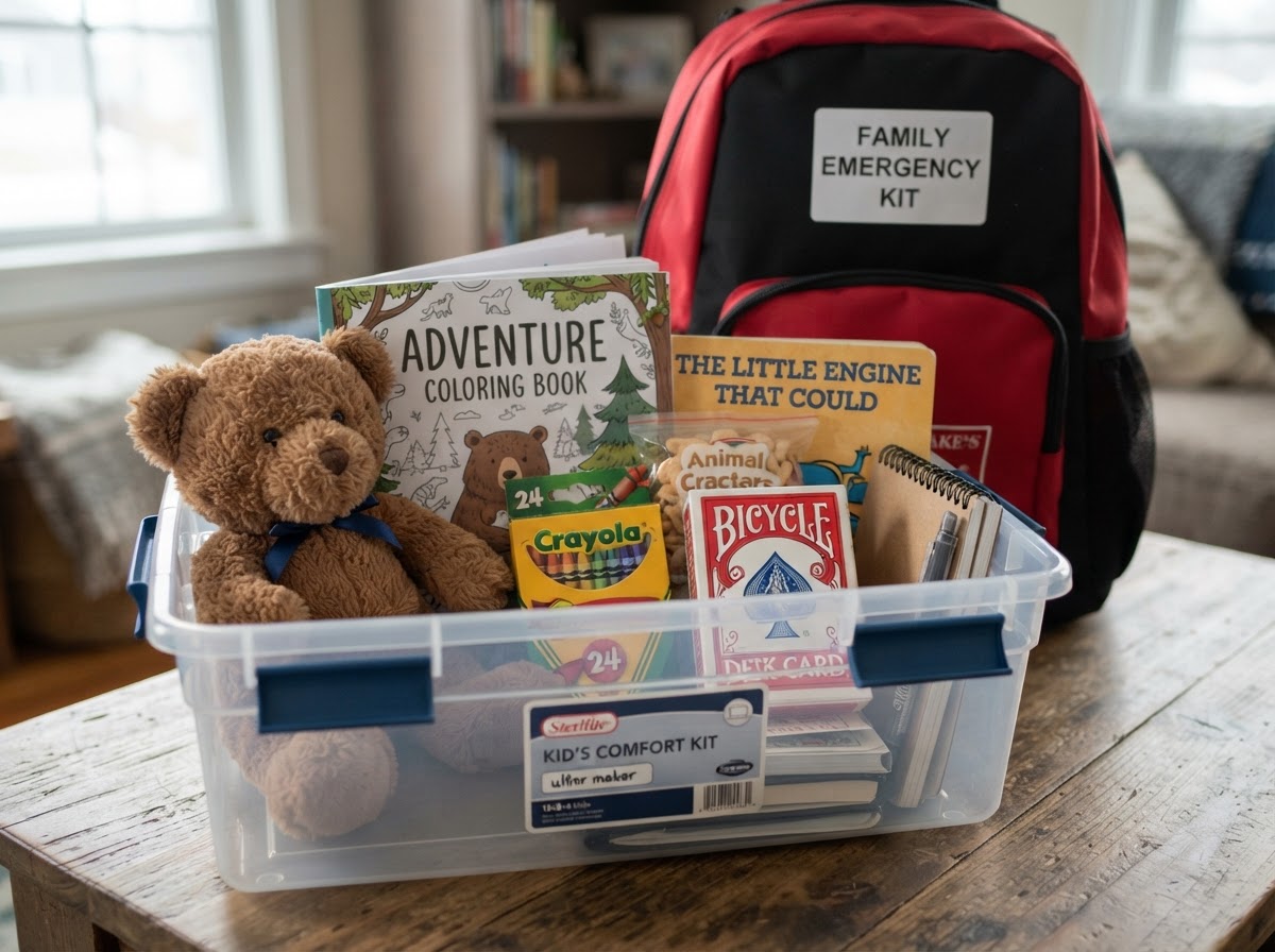 Comfort items and simple activities packed for children.