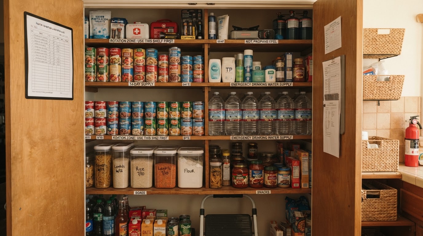A well-stocked long-term supply room with food and water