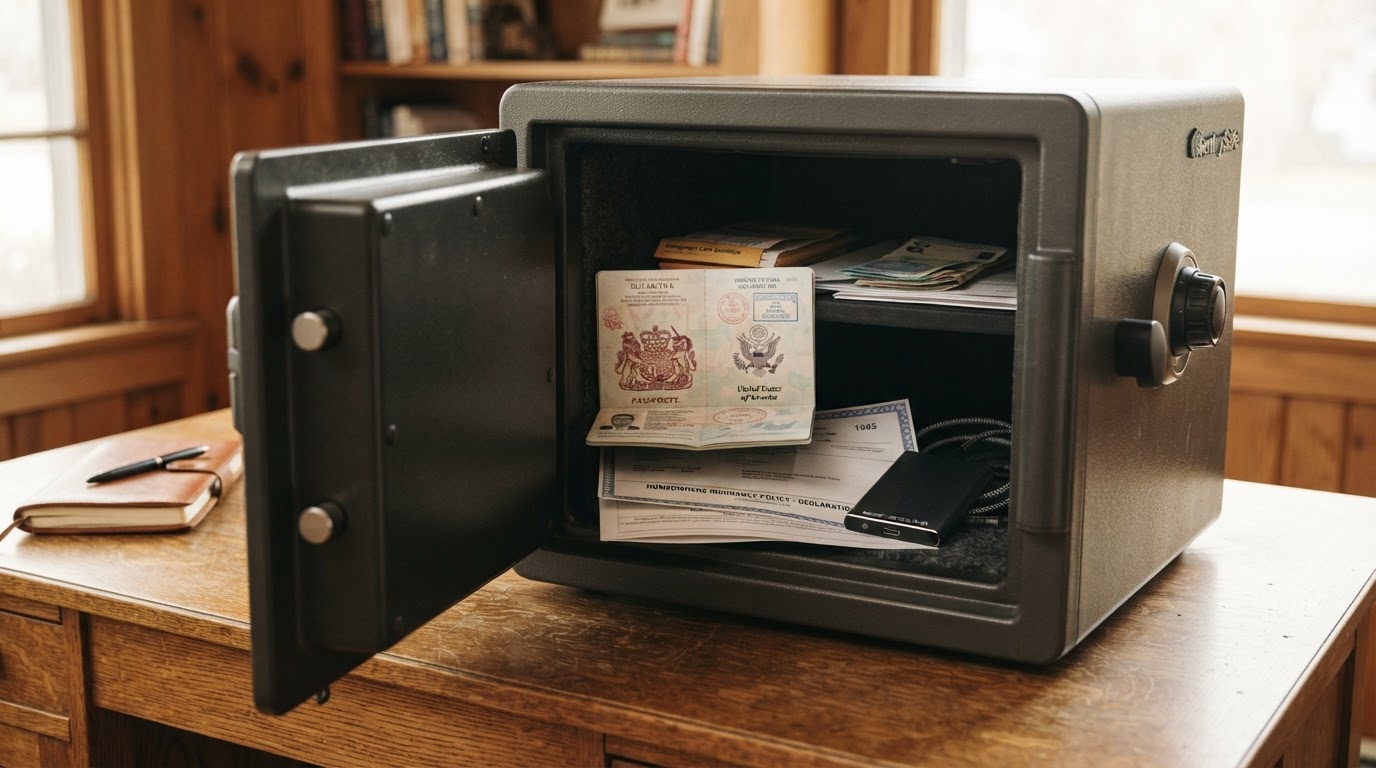 Important documents in a fireproof safe and a waterproof folder
