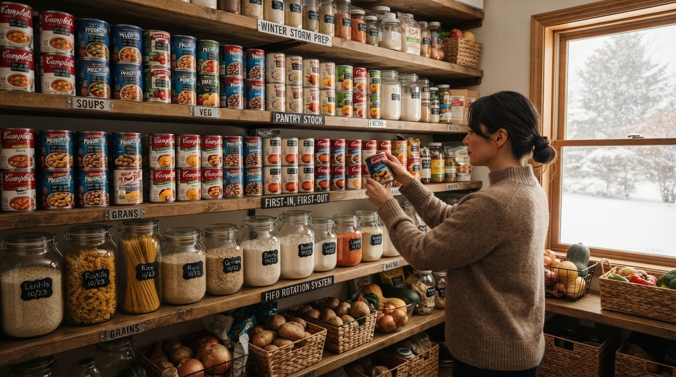 A pantry stocked with shelf-stable food for a winter storm