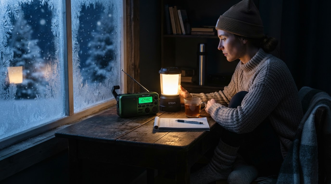 A battery-powered radio and lantern ready for an outage
