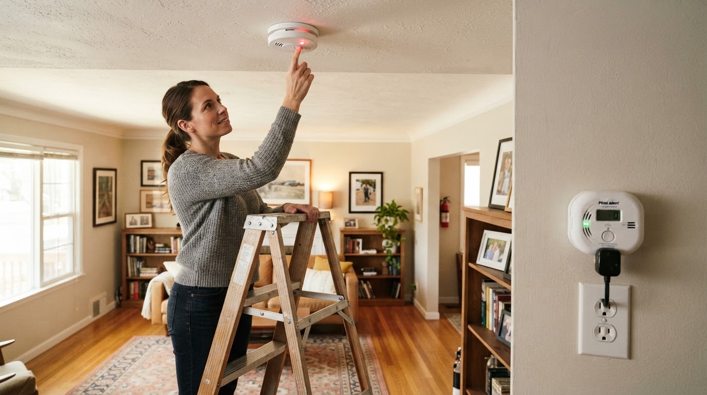 A smoke detector on a hallway ceiling