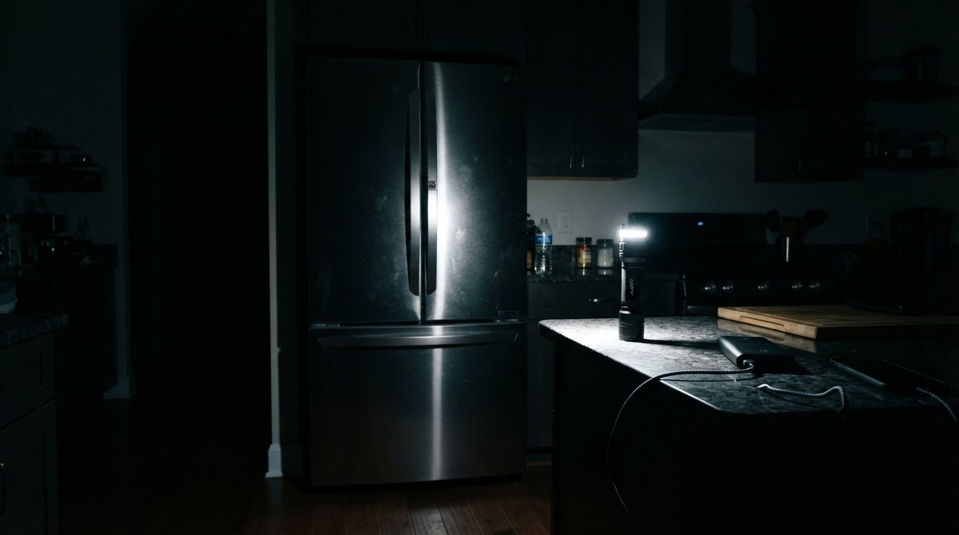 Household emergency kit with flashlight, batteries, and a printed plan on a kitchen table
