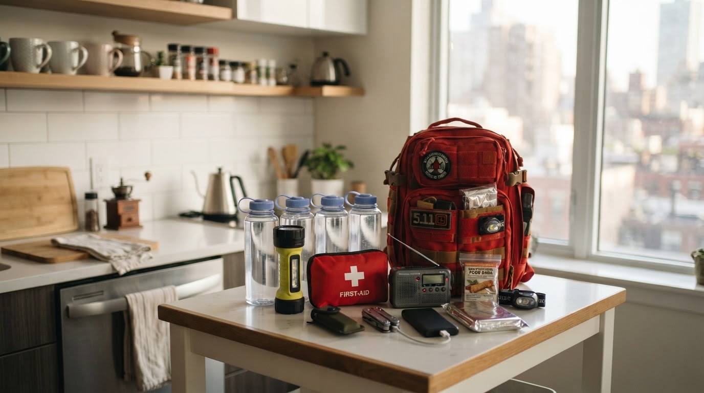 A modest apartment with an organized emergency supply shelf holding water, food, a flashlight, and a labeled bin.