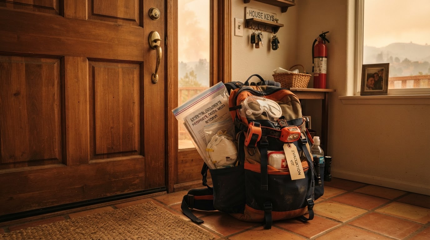 A packed go-bag with documents, N95 masks, and supplies