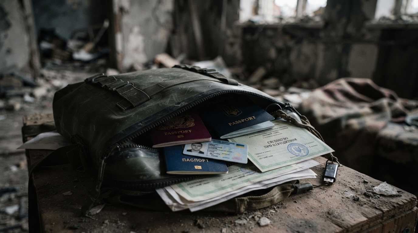 A passport, identification, and documents ready for displacement