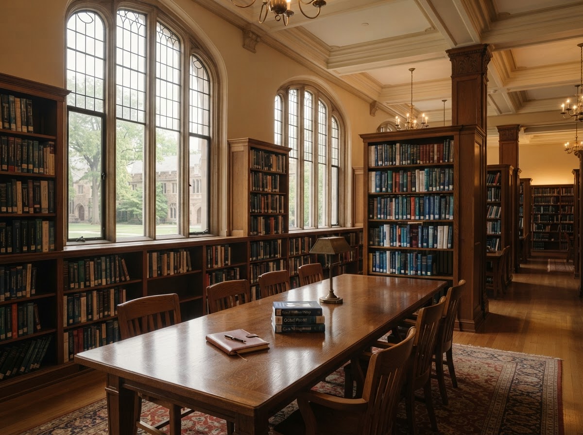 Elegant university library interior with social work and healthcare textbooks, warm natural light, no people.