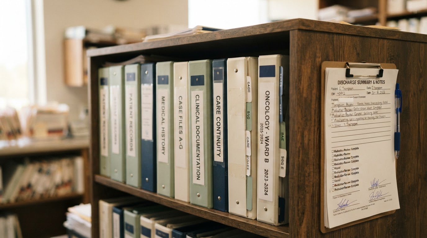 Detailed hospital case records, clinical documentation binders, and care continuity reference files, no people.