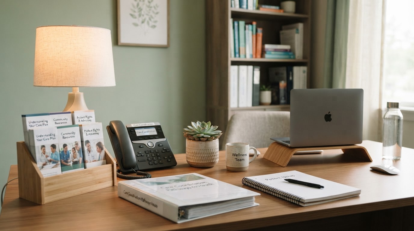 Warm professional healthcare office desk with care coordination materials and resources, no people.