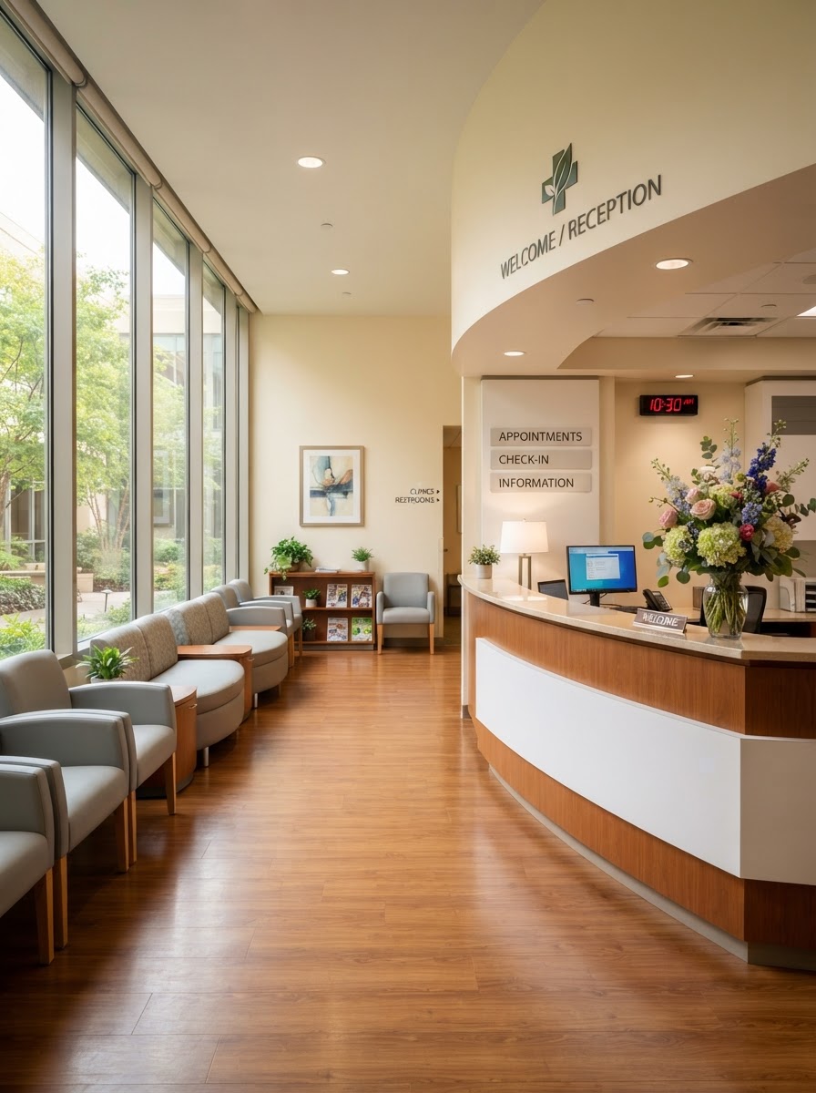 A bright, people-free hospital reception and waiting area with comfortable seating and a welcoming front desk, no people.