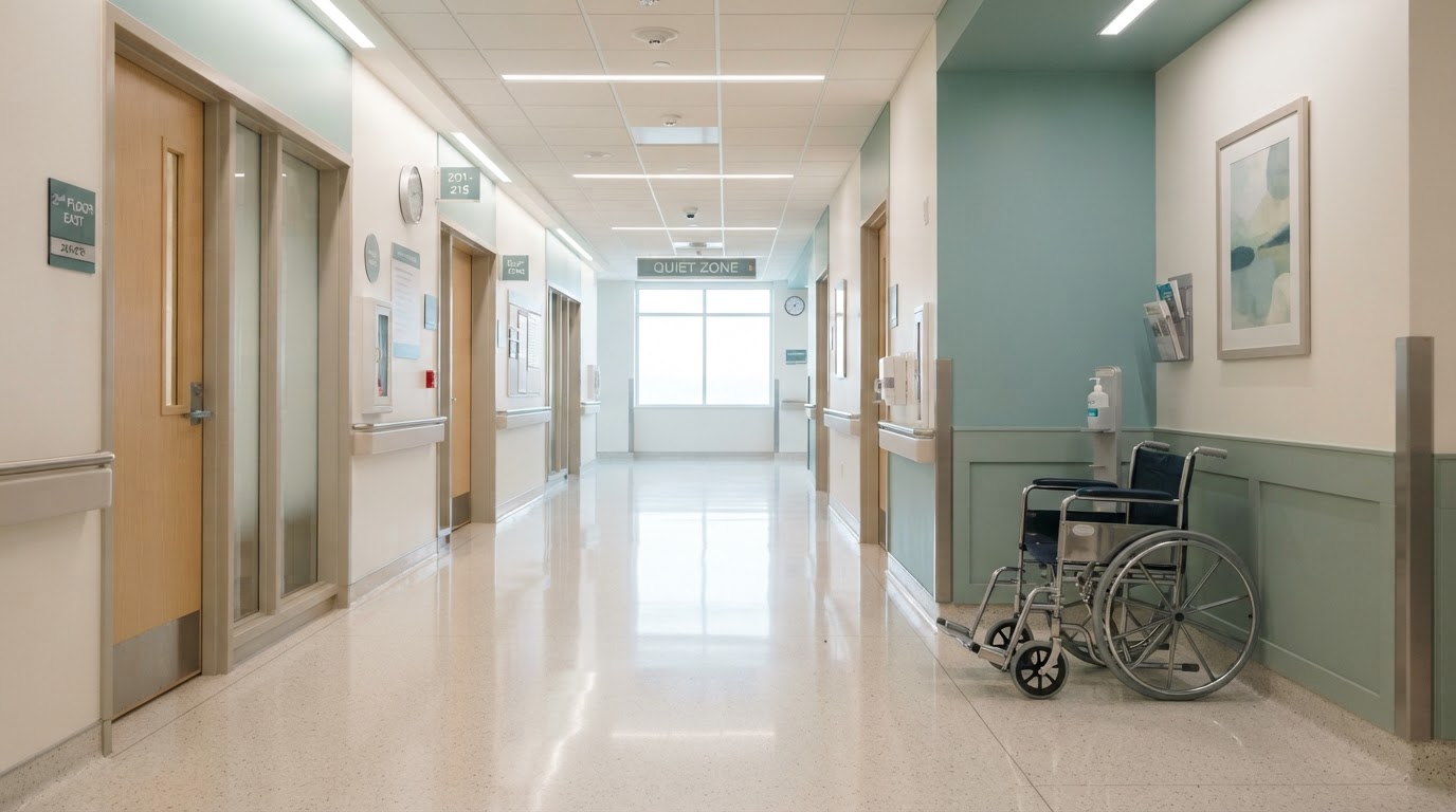 Calm, orderly hospital corridor with soft natural light and teal accents, no people.