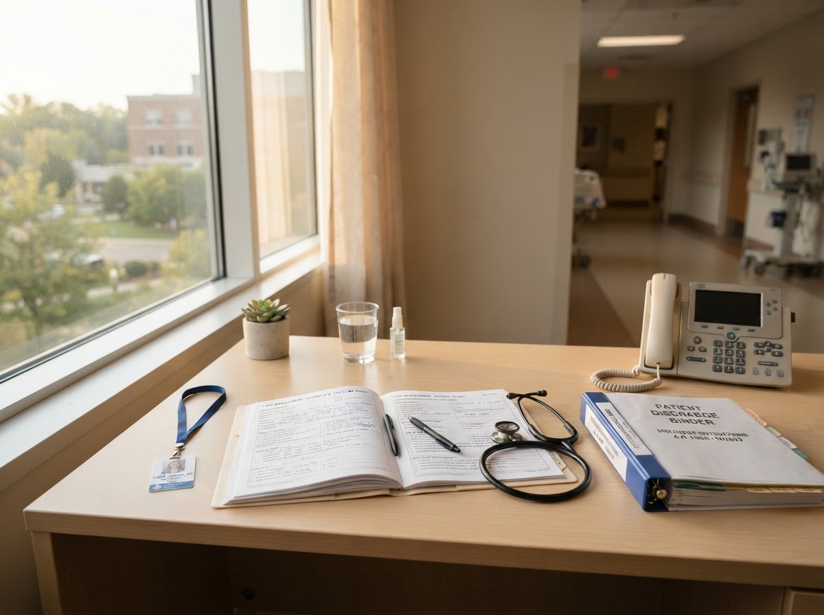 Sunlit hospital case management desk with assessment files, stethoscope, and discharge notes, no people.