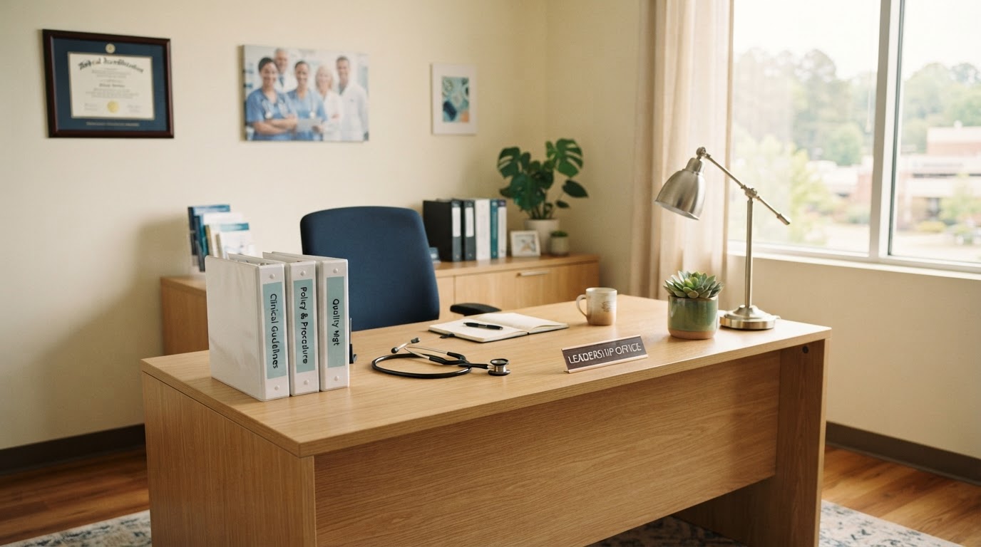 Organized healthcare leadership office with clinical resource binder, stethoscope, and warm natural lighting, no people.