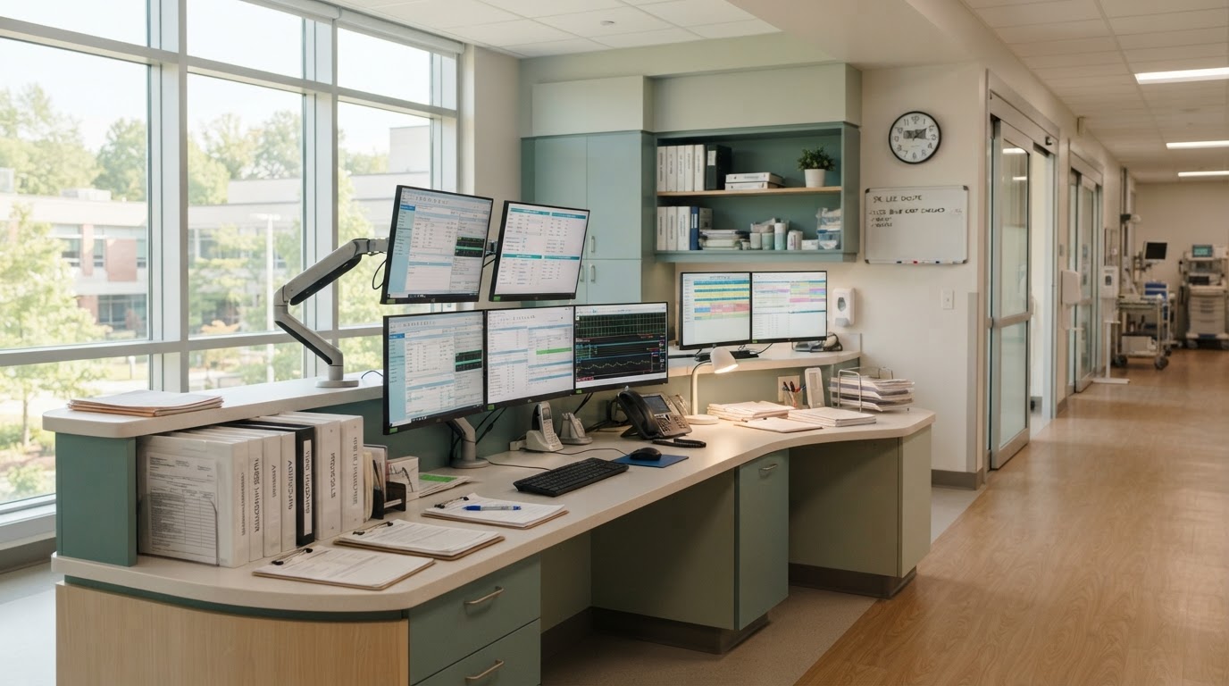 Bright hospital nursing station with clinical monitors and organized care charts, no people.